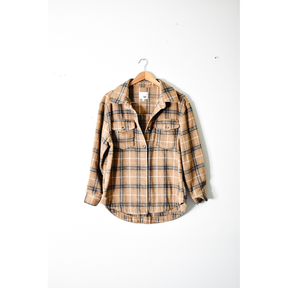 With Love YMI Shacket Women Medium Brown Modern Plaid‎ Flannel Button Up Jacket